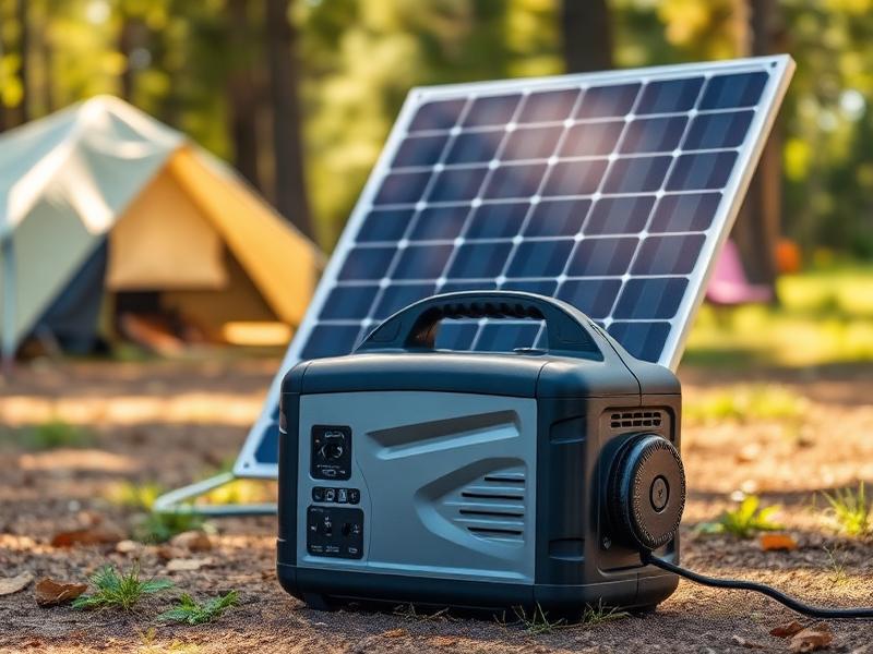 Portable solar generator at a campsite