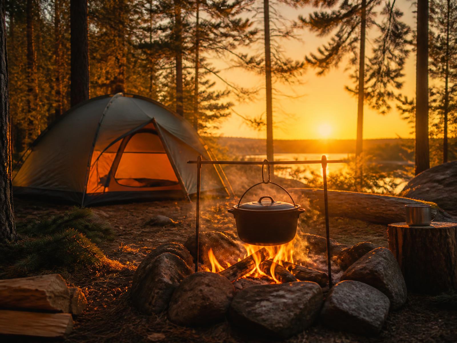Campfire and tent at sunset in a pine forest