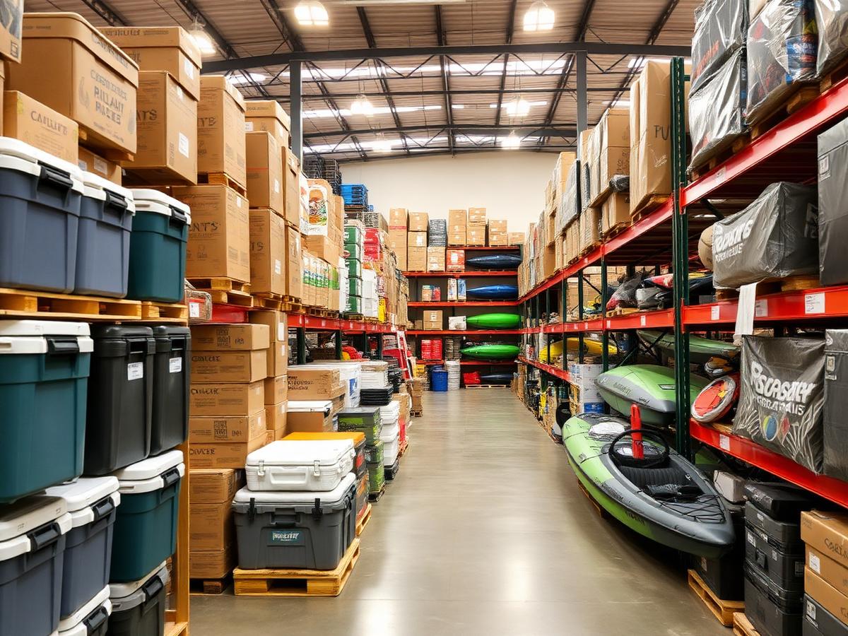 Warehouse aisles stocked with coolers, kayaks and outdoor gear